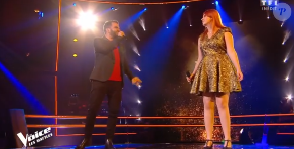 Sarah et Faiz lors des battles de "The Voice 2020" - Talents de l'équipe de Amel Bent. Émission du samedi 28 mars 2020, TF1