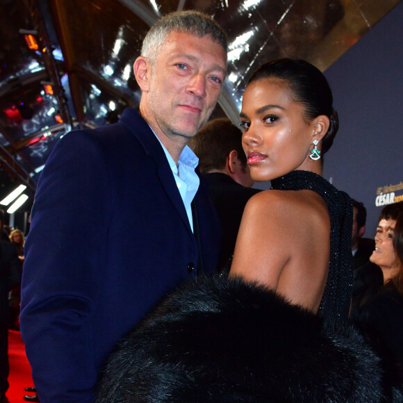 Exclusif - Vincent Cassel et sa compagne Tina Kunakey lors de l'arrivée à la 45ème cérémonie des Cesar à la salle Pleyel à Paris, le 28 février 2020.