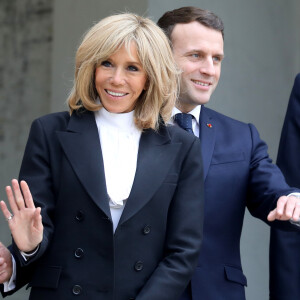 Le président Emmanuel Macron, la première dame Brigitte Macron - Le roi et la reine d'Espagne arrivent au palais de l'Elysée à Paris pour un déjeuner avant la cérémonie à l'occasion de la première journée nationale d'hommage aux victimes du terrorisme le 11 mars 2020. © Dominique Jacovides / Bestimage