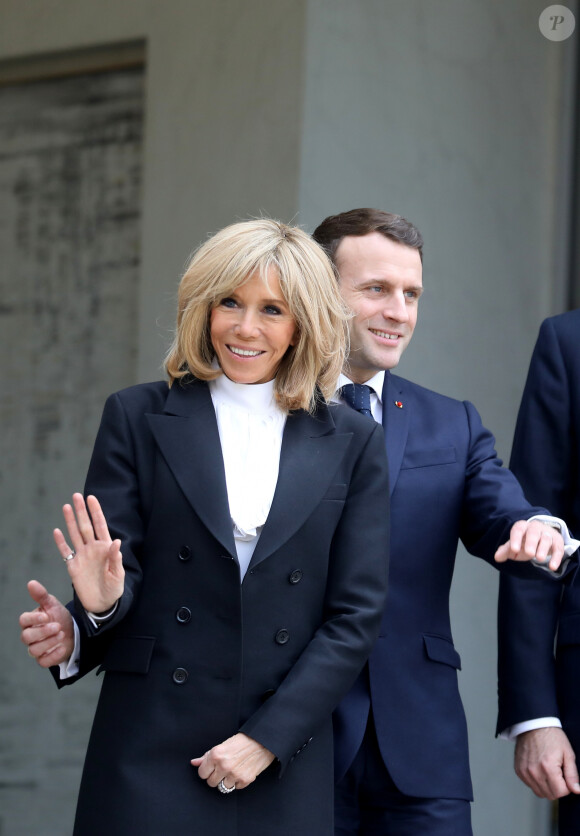 Le président Emmanuel Macron, la première dame Brigitte Macron - Le roi et la reine d'Espagne arrivent au palais de l'Elysée à Paris pour un déjeuner avant la cérémonie à l'occasion de la première journée nationale d'hommage aux victimes du terrorisme le 11 mars 2020. © Dominique Jacovides / Bestimage