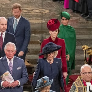 Le prince William, duc de Cambridge, et Catherine (Kate) Middleton, duchesse de Cambridge, Le prince Charles, prince de Galles, et Camilla Parker Bowles, duchesse de Cornouailles, La reine Elisabeth II d'Angleterre, Le prince Harry, duc de Sussex, Meghan Markle, duchesse de Sussex - La famille royale d'Angleterre lors de la cérémonie du Commonwealth en l'abbaye de Westminster à Londres le 9 mars 2020.