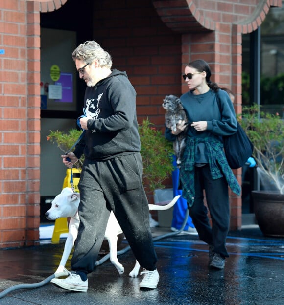 Exclusif - Joaquin Phoenix et Rooney Mara sortent avec leurs chiens à Los Angeles le 7 janvier 2020.