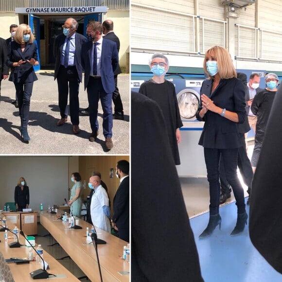 Brigitte Macron en visite à la blanchisserie temporaire de l'hôpital de Montfermeil (Seine-Saint-Denis) le 19 mai 2020. La première dame, présidente de la Fondation Hôpitaux de Paris-Hôpitaux de France était élégante et a respecté les gestes barrières en portant un masque.