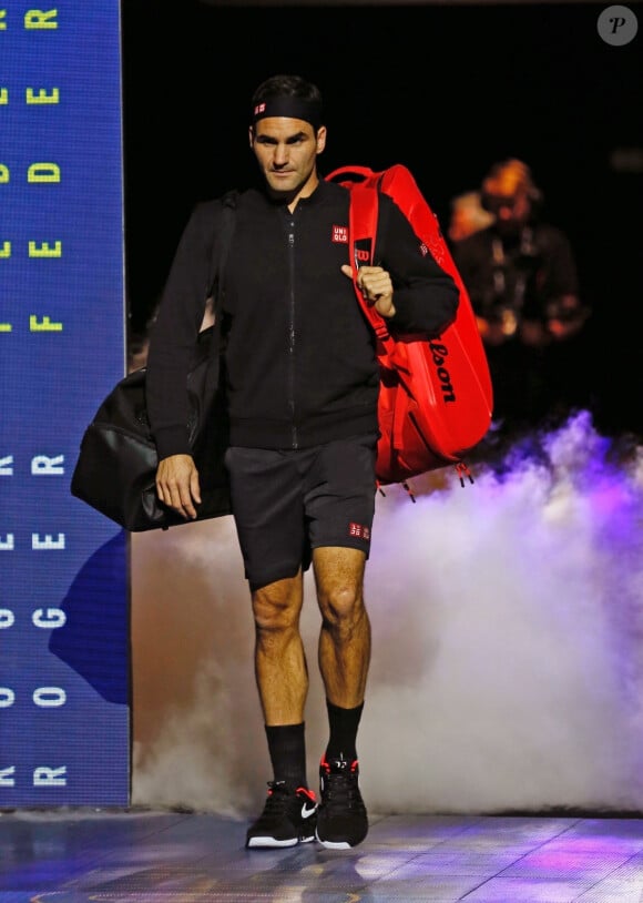 Le Suisse Roger Federer - Dominic Thiem bat Roger Federer (7-5, 7-5) lors des Masters de Londres (10 - 17 novembre 2019), le 10 novembre 2019.