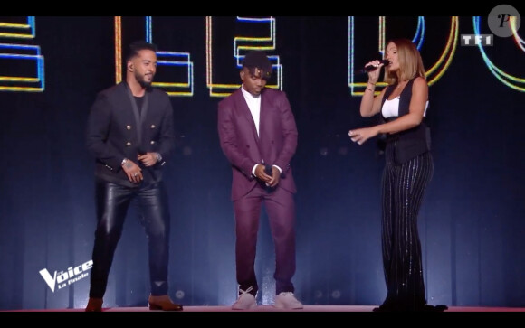 Vitaa, Slimane et Tom Rochet lors de la finale de The Voice 2020, diffusée sur TF1. Le samedi 13 juin 2020.