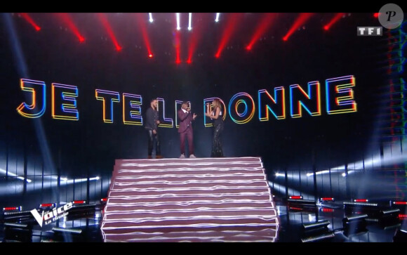 Vitaa, Slimane et Tom Rochet lors de la finale de The Voice 2020, diffusée sur TF1. Le samedi 13 juin 2020.