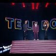 Vitaa, Slimane et Tom Rochet lors de la finale de The Voice 2020, diffusée sur TF1. Le samedi 13 juin 2020.