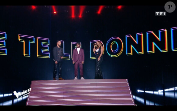 Vitaa, Slimane et Tom Rochet lors de la finale de The Voice 2020, diffusée sur TF1. Le samedi 13 juin 2020.