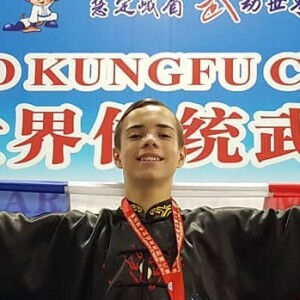 Caser Calaber (Little Boo) lors d'un championna de Kung Fu en Chine, le 21 juin 2019