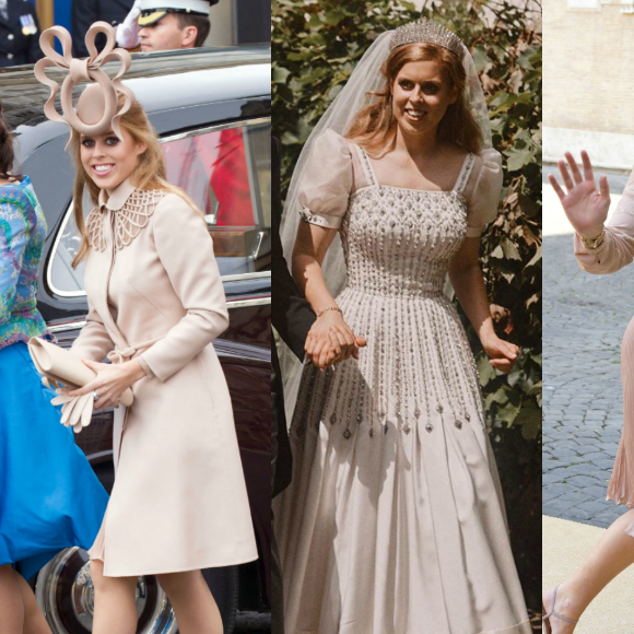 La princesse Beatrice portant sa paire d'escarpins pailletés Valentino à trois reprises : en 2011 pour le mariage du prince William et Kate Middleton, lors de son propre mariage célébré le 17 juillet 2020, et pour le mariage du prince Amedeo de Belgique en 2014.