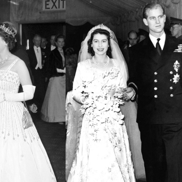 La reine Elizabeth portant sa robe Norman Hartnell à Londres, en 1962 - La reine Elizabeth lors de son mariage avec le prince Philip en 1947, avec sa tiare préférée. La robe et la tiare ont été portées par sa petite-fille la princesse Beatrice pour son mariage, le 17 juillet 2020.