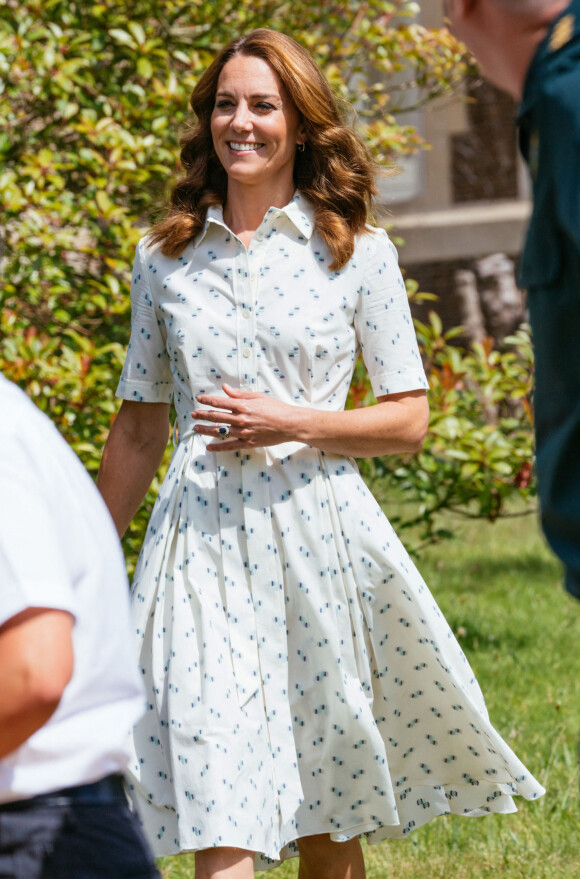 Kate Middleton lors d'une rencontre avec des travailleurs de santé mobilisés pendant la crise santiaire et soutenus par la Royal Foundation, le 23 juillet 2020 à Sandringham.