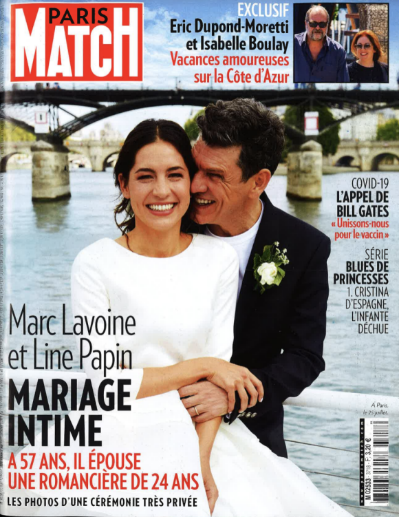 Marc Lavoine et sa femme Line Papin en couverture du nouveau numéro de Paris Match - Jeudi 6 août 2020