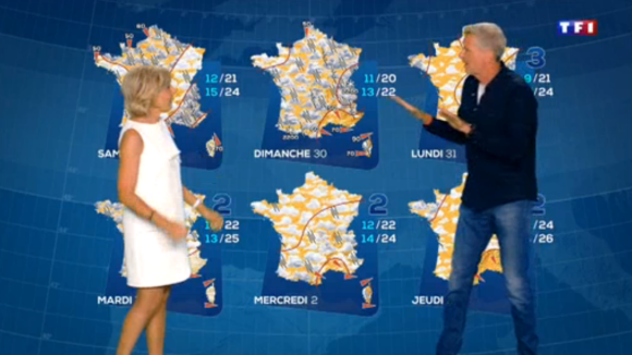 Denis Brogniart présente la météo sur TF1 avec Evelyne Dhéliat jeudi 27 août 2020