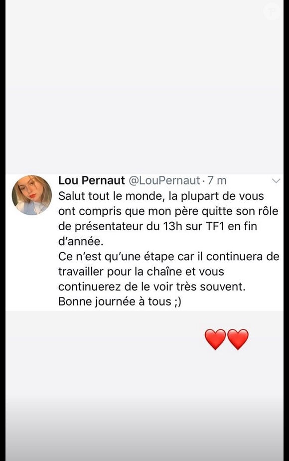 Lou Pernaut, fille de Jean-Pierre Pernaut et de Nathalie Marquay, a évoqué le départ de son père du JT de 13h de TF1. Le 15 septembre 2020.