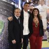 Cristiano Ronaldo avec sa mère Maria Dolores et Florentino Perez - Conférence de presse de Cristiano Ronaldo pour annoncer la prolongation de son contrat avec le Real Madrid jusqu'en 2021 à Madrid le 7 novembre 2016.
