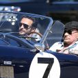 Johnny Hallyday accompagné de Maxim Nucci (Yodelice), arrive au restaurant "Soho House" à Malibu, au volant de son cabriolet AC Cobra marqué de son chiffre porte-bonheur, le numéro 7. Laeticia Hallyday, toujours en béquilles, les rejoint dans une autre voiture. Malibu, le 09 mars 2017.
