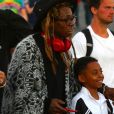 Exclusif - Lil Wayne arrive en famille au Hard Rock Stadium pour assister avec sa compagne La'Tecia Thomas, et son fils Dwayne, au 54 ème Super Bowl à Miami, le 2 février 2020. Le mannequin australien La'Tecia Thomas arborait fièrement sa bague de fiançailles. Les Chiefs de Kansas City remportent le Super Bowl (31 - 20) face aux 49ers de San Francisco, notamment grâce au quarterback P. Mahomes (15).