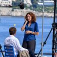Isabel Otero et Hubert Roulleau sur le tournage de la série "Crimes parfaits" (France 3) sur la promenade des Anglais et sur la plage Beau Rivage à Nice, sous la direction d'Emmanuel Rigaut. Le 23 juin 2020.