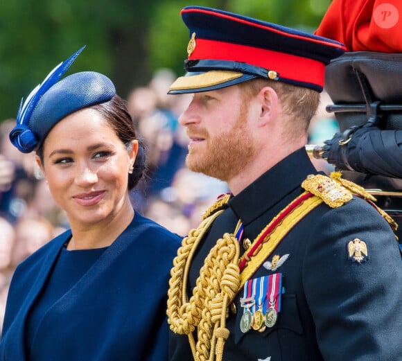 Le prince Harry, duc de Sussex, et Meghan Markle, duchesse de Sussex, première apparition publique de la duchesse depuis la naissance du bébé royal Archie lors de la parade Trooping the Colour célébrant le 93ème anniversaire de la reine Elisabeth II, au palais de Buckingham, Londres
