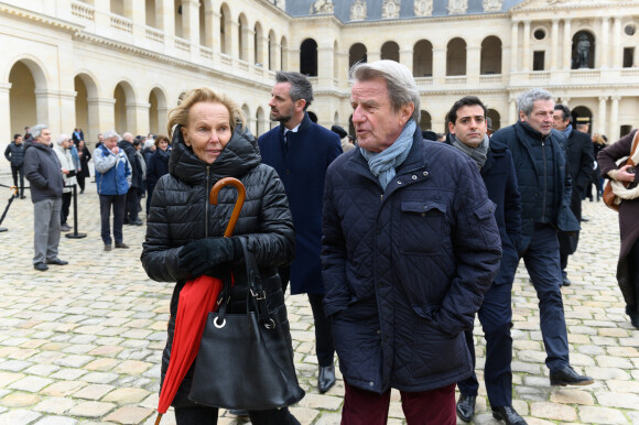 Christine Ockrent et Bernard Kouchner - Le président de la République française Emmanuel Macron durant la cérémonie d'hommage national au fondateur, directeur et éditorialiste du Nouvel Observateur Jean Daniel aux Invalides à Paris, France, le 28 février 2020. © Jacques Witt / Pool / Bestimage