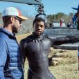 Chadwick Boseman dans les coulisses du tournage du film "Black Panther". Avril 2018.