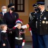 La princesse Charlène de Monaco, la princesse Gabriella de Monaco, comtesse de Carladès, le prince Jacques de Monaco, marquis des Baux, le prince Albert II de Monaco, la princesse Caroline de Hanovre - La famille princière assiste à une cérémonie de remise de médaille dans la cours du Palais de Monaco lors de la Fête Nationale 2020 de la principauté de Monaco. © David Nivière / Pool / Bestimage