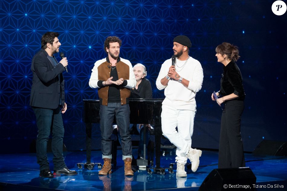 Exclusif - Patrick Fiori, Slimane, Faustine Bollaert, Claudio Capeo - Enregistrement de l'émission "La Boîte à Secrets", présentée par F.Bollaert et qui sera diffusée le 22 janvier sur France 3. Le 18 janvier 2021 © Tiziano Da Silva / Bestimage