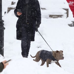 Justin Theroux promène son chien Kuma sous la neige au Washington Square Park à Manhattan. Le 2 février 2021.