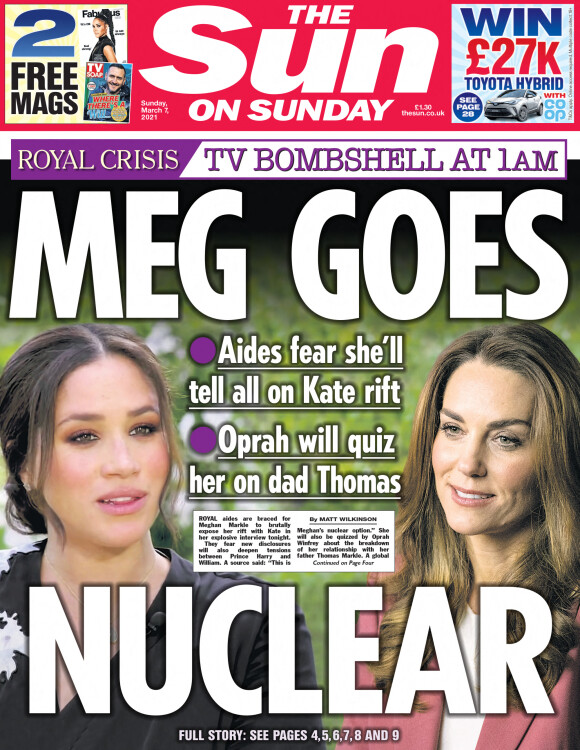 La Une du tabloïd "The Sun" au lendemain de l'interview choc de Meghan Markle et Harry avec Oprah Winfrey. Mars 2021