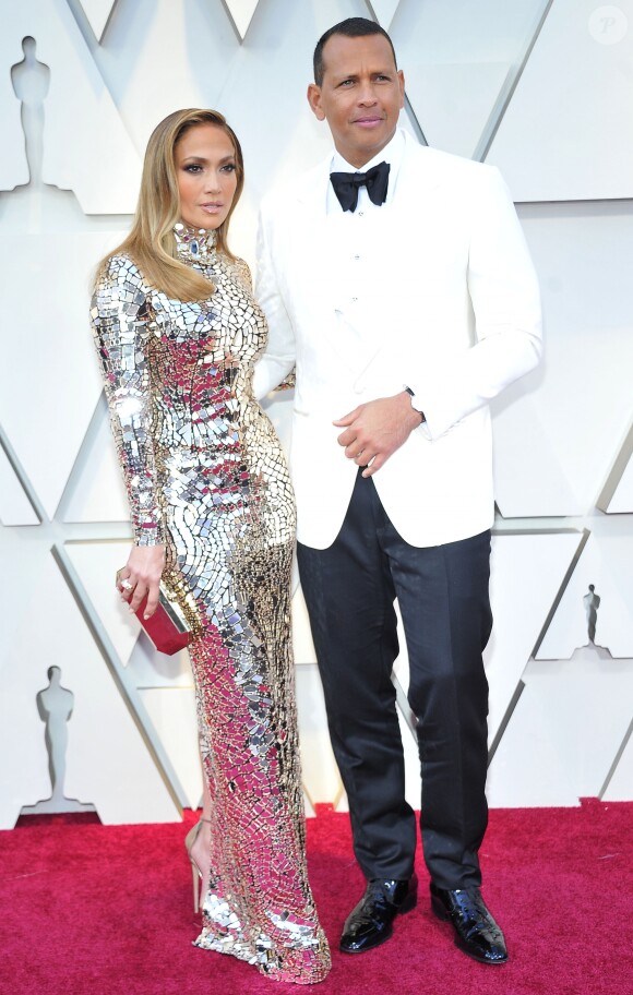 Jennifer Lopez et son compagnon Alex Rodriguez lors du photocall des arrivées de la 91ème cérémonie des Oscars 2019 au théâtre Dolby à Hollywood, Los Angeles, Californie, Etats-Unis.