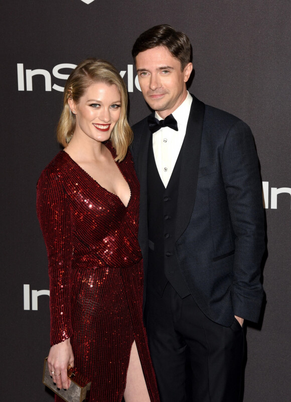 Ashley Hinshaw et son mari Topher Grace - Photocall de la soirée "Warner InStyle Golden Globes After Party" au Beverly Hilton Hotel à Beverly Hills.