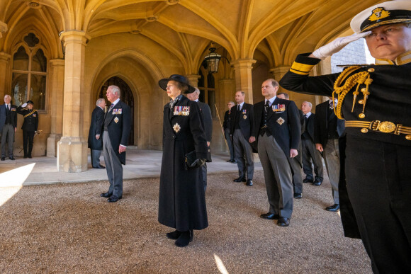 Le prince Charles, prince de Galles, la princesse Anne, le prince Andrew, duc d'York, le prince Edward, comte de Wessex, le prince William, duc de Cambridge - Arrivées aux funérailles du prince Philip, duc d'Edimbourg à la chapelle Saint-Georges du château de Windsor, le 17 avril 2021.