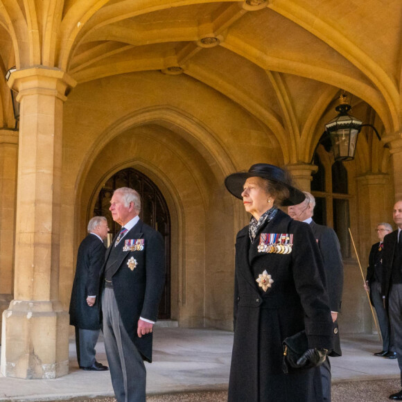 Le prince Charles, prince de Galles, la princesse Anne, le prince Andrew, duc d'York, le prince Edward, comte de Wessex, le prince William, duc de Cambridge - Arrivées aux funérailles du prince Philip, duc d'Edimbourg à la chapelle Saint-Georges du château de Windsor, le 17 avril 2021.