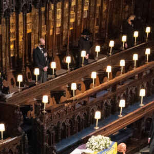 Le prince Charles, prince de Galles, la princesse Anne, le prince Andrew, duc d'York, le prince William, duc de Cambridge, David Armstrong-Jones, comte de Snowdon, Peter Phillips, la princesse Anne, le prince Edward, comte de Wessex, le prince Harry, duc de Sussex, Sir Timothy Laurence - Funérailles du prince Philip, duc d'Edimbourg à la chapelle Saint-Georges du château de Windsor, Royaume Uni, le 17 avril 2021.