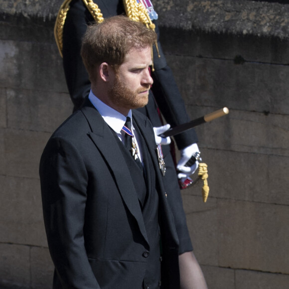 Le prince Harry, duc de Sussex, Peter Phillips, le prince William, duc de Cambridge - Arrivées aux funérailles du prince Philip, duc d'Edimbourg à la chapelle Saint-Georges du château de Windsor, le 17 avril 2021. 