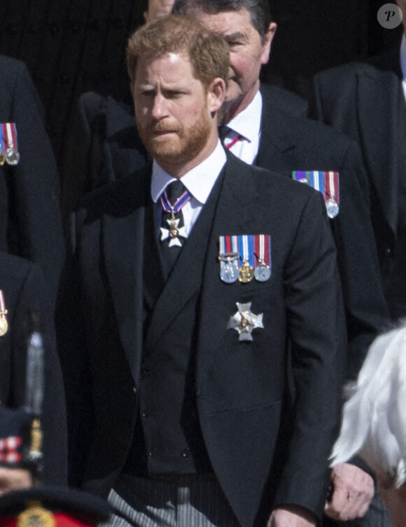 Le prince Harry, duc de Sussex - Arrivées aux funérailles du prince Philip, duc d'Edimbourg à la chapelle Saint-Georges du château de Windsor, le 17 avril 2021. 