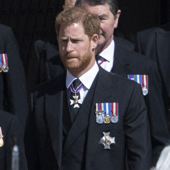 Le prince Harry, duc de Sussex - Arrivées aux funérailles du prince Philip, duc d'Edimbourg à la chapelle Saint-Georges du château de Windsor, le 17 avril 2021. 