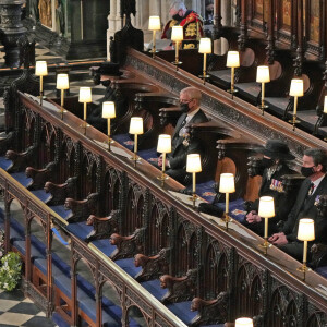 La reine Elisabeth II d'Angleterre, Le prince Andrew, duc d'York, La princesse Anne, Sir Timothy Laurence et Le prince Harry, duc de Sussex - Funérailles du prince Philip, duc d'Edimbourg à la chapelle Saint-Georges du château de Windsor, Royaume Uni, le 17 avril 2021.