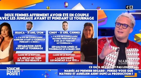 Aurélien et Mathieu de "Mariés au premier regard 2021" reviennent sur les rumeurs de couple, dans "Touche pas à mon poste", le 4 mai, sur C8