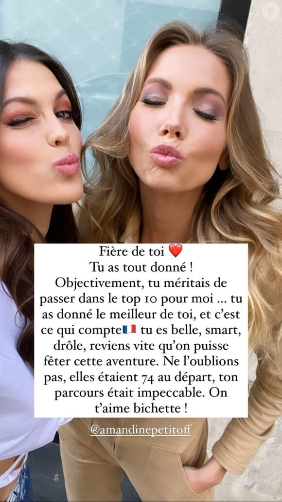 Amandine Petit (Miss France) termine dans le top 21 du concours miss Univers. Iris Mittenaere a tenu à la féliciter sur Instagram.