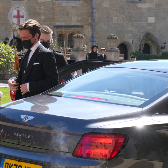 La princesse Beatrice d'York et son mari Edoardo Mapelli Mozzi - Arrivées aux funérailles du prince Philip, duc d'Edimbourg à la chapelle Saint-Georges du château de Windsor, le 17 avril 2021. 