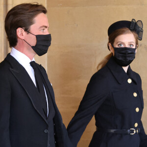 La princesse Beatrice d'York et son mari Edoardo Mapelli Mozzi - Arrivées aux funérailles du prince Philip, duc d'Edimbourg à la chapelle Saint-Georges du château de Windsor, le 17 avril 2021. 