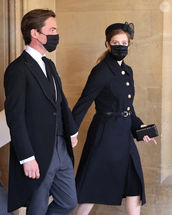 La princesse Beatrice d'York et son mari Edoardo Mapelli Mozzi - Arrivées aux funérailles du prince Philip, duc d'Edimbourg à la chapelle Saint-Georges du château de Windsor, le 17 avril 2021. 