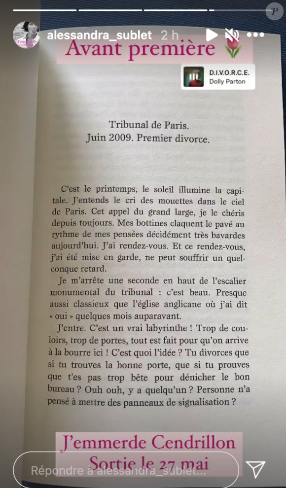 Alessandra Sublet dévoile une page de son livre "J'emmerde Cendrillon" qui parle de son premier divorce - Instagram