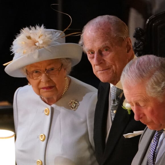 La reine Elisabeth II d'Angleterre, le prince Philip, duc d'Edimbourg, le prince Charles, prince de Galles - Cérémonie de mariage de la princesse Eugenie d'York et Jack Brooksbank en la chapelle Saint-George au château de Windsor le 12 octobre 2018.  Windsor, UNITED KINGDOM - The Wedding of Princess Eugenie of York and Mr Jack Brooksbank at St George's Chapel, Windsor, Berkshire, UK 