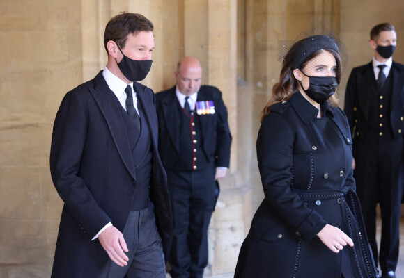 La princesse Eugenie d'York et son mari Jack Brooksbank - Arrivées aux funérailles du prince Philip, duc d'Edimbourg à la chapelle Saint-Georges du château de Windsor, le 17 avril 2021.