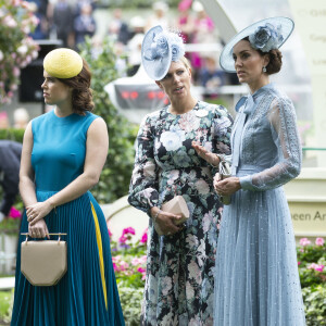 La princesse Eugenie d'York, Zara Phillips (Zara Tindall) et Catherine (Kate) Middleton, duchesse de Cambridge - La famille royale britannique et les souverains néerlandais lors de la première journée des courses d'Ascot 2019, à Ascot, Royaume Uni, le 18 juin 2019.