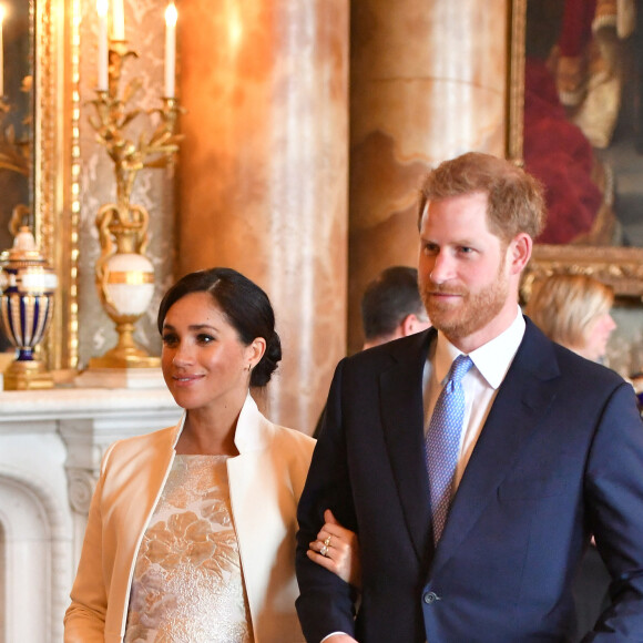 Le prince Harry, duc de Sussex, et Meghan Markle (enceinte de son fils Archie), duchesse de Sussex - La famille royale d'Angleterre lors de la réception pour les 50 ans de l'investiture du prince de Galles au palais Buckingham à Londres. Le 5 mars 2019