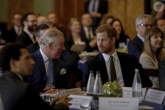 Le prince Charles, prince de Galles et son fils le prince Harry lors d'un colloque sur l'état des récifs corallien à Londres le 14 février 2018.